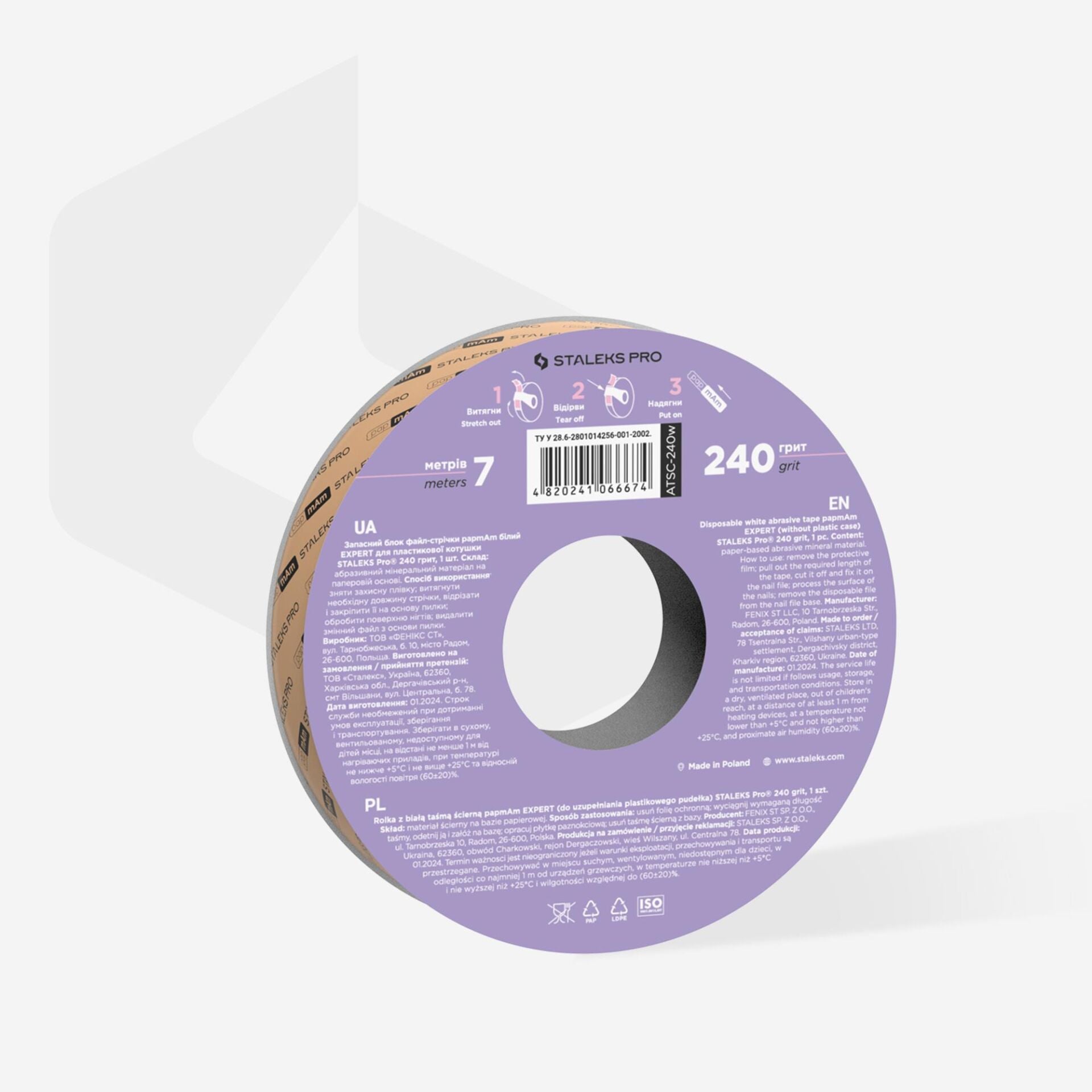 ATSC-240W STALEKS PRO PLASTİK BOBİN İÇİN EXPERT YEDEK PAPMAM BEYAZ BANT TÖRPÜ BLOĞU, 240 GRİT